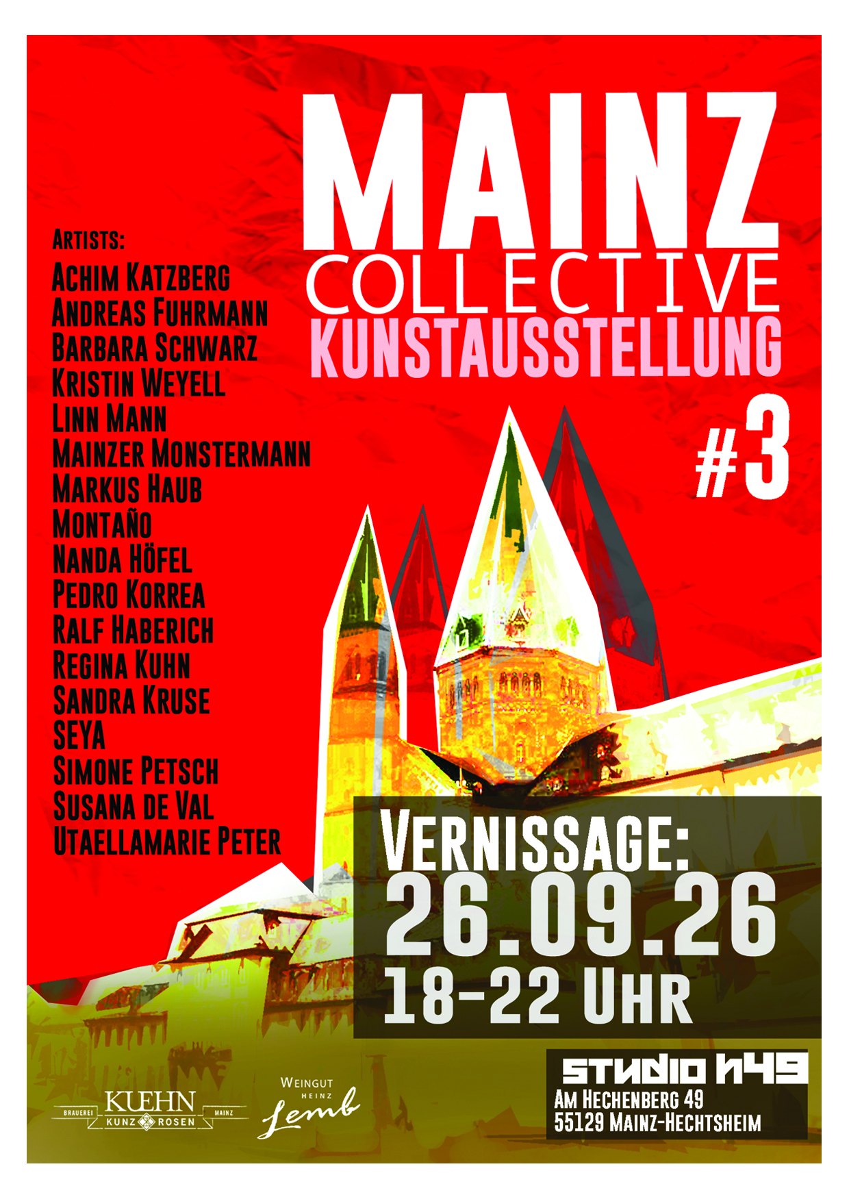 Plakat MAINZ COLLECTIVE Kunstausstellung #3 – Vernissage 26.09.26, 18–22 Uhr, Studio H49 Mainz-Hechtsheim